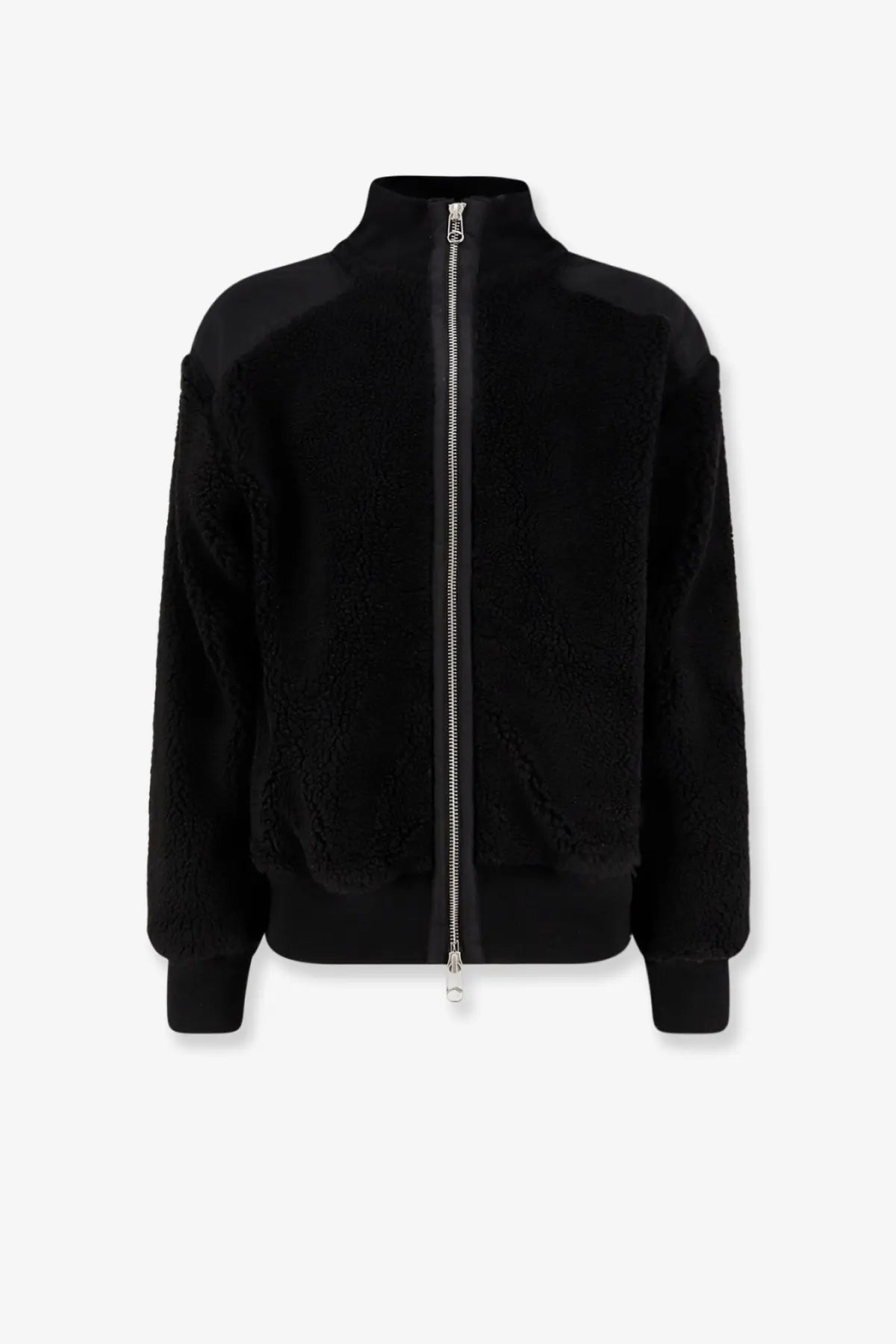 Oamc Peacemaker men’s black fleece synthetic fur bomber jacket with silver zipper and ribbed cuffs