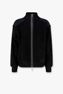 Oamc Peacemaker men’s black fleece synthetic fur bomber jacket with silver zipper and ribbed cuffs