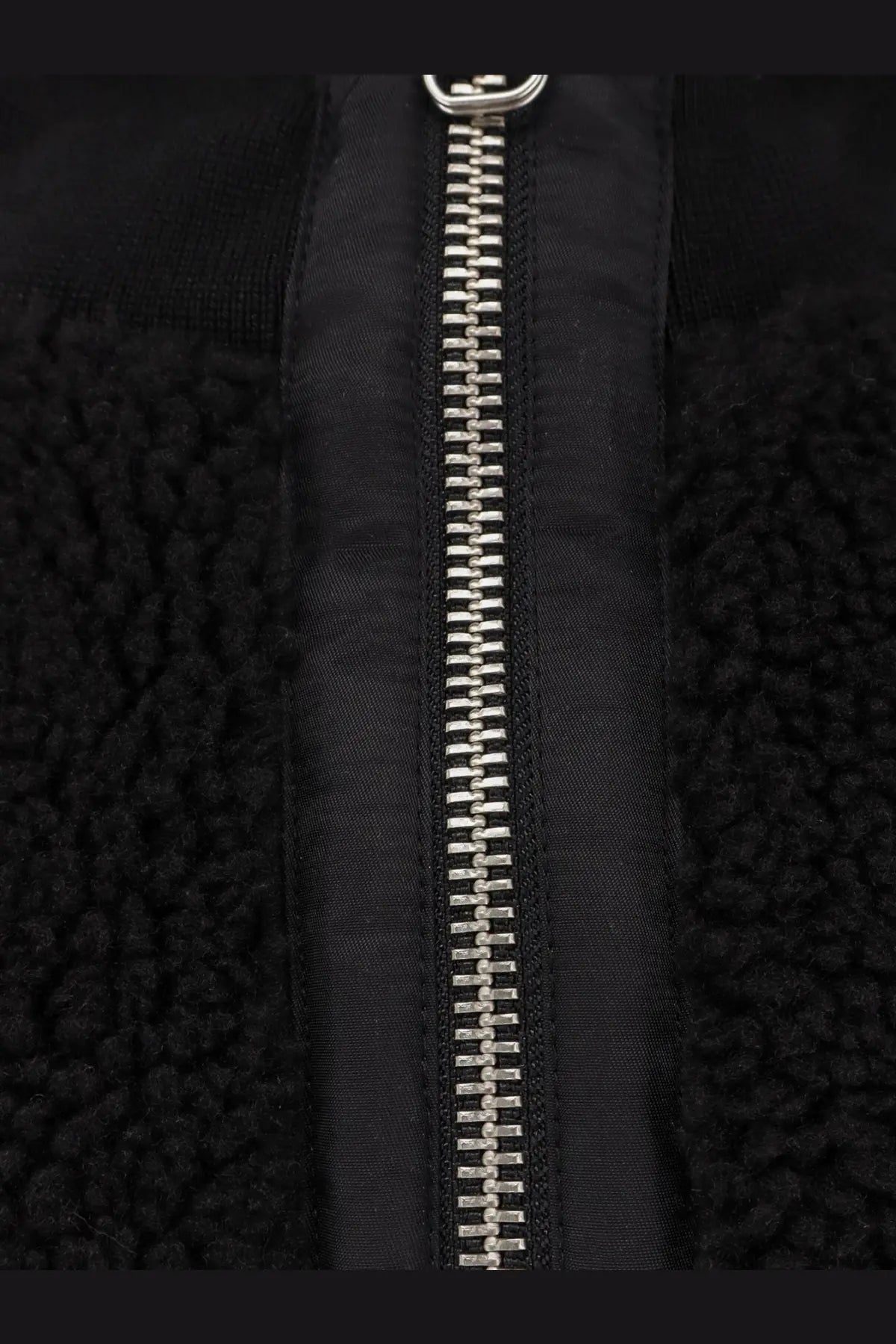 Oamc peacemaker men’s black shearling-lined bomber jacket with silver-toned zipper and synthetic fur fleece