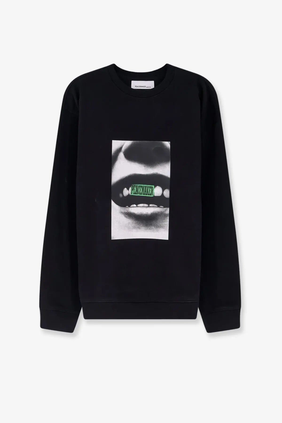 Black oamc peacemaker men’s loose fit crewneck sweatshirt with bold black and white lips graphic and green text on teeth