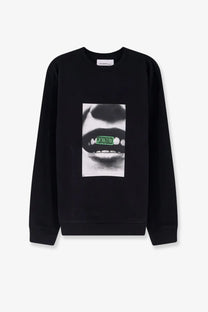 Black oamc peacemaker men’s loose fit crewneck sweatshirt with bold black and white lips graphic and green text on teeth