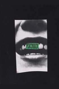 Oamc peacemaker men’s loose fit black crewneck sweatshirt with high contrast lips smile graphic and bright green label