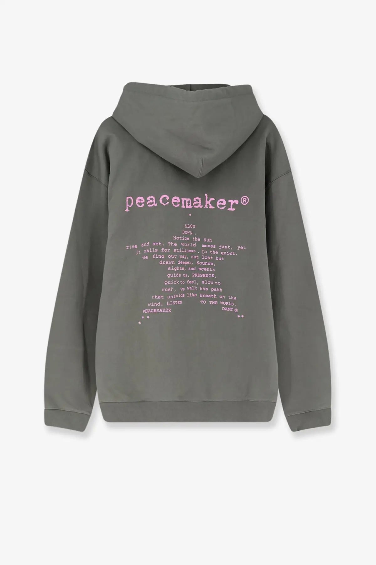 A gray oamc peacemaker men’s loose fit hoodie with a pink logo and printed text on the back side