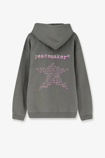 A gray oamc peacemaker men’s loose fit hoodie with a pink logo and printed text on the back side