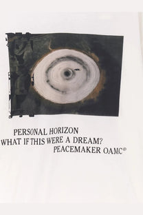 Oamc peacemaker men’s loose fit white shirt featuring a black and white tree trunk cross-section landart print