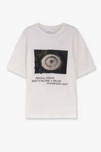 Off-white cotton oamc peacemaker men’s loose fit t-shirt with black and white abstract eye graphic and text print