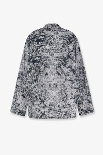 Oamc Peacemaker men’s long-sleeved military cargo shirt in black and white abstract splatter pattern