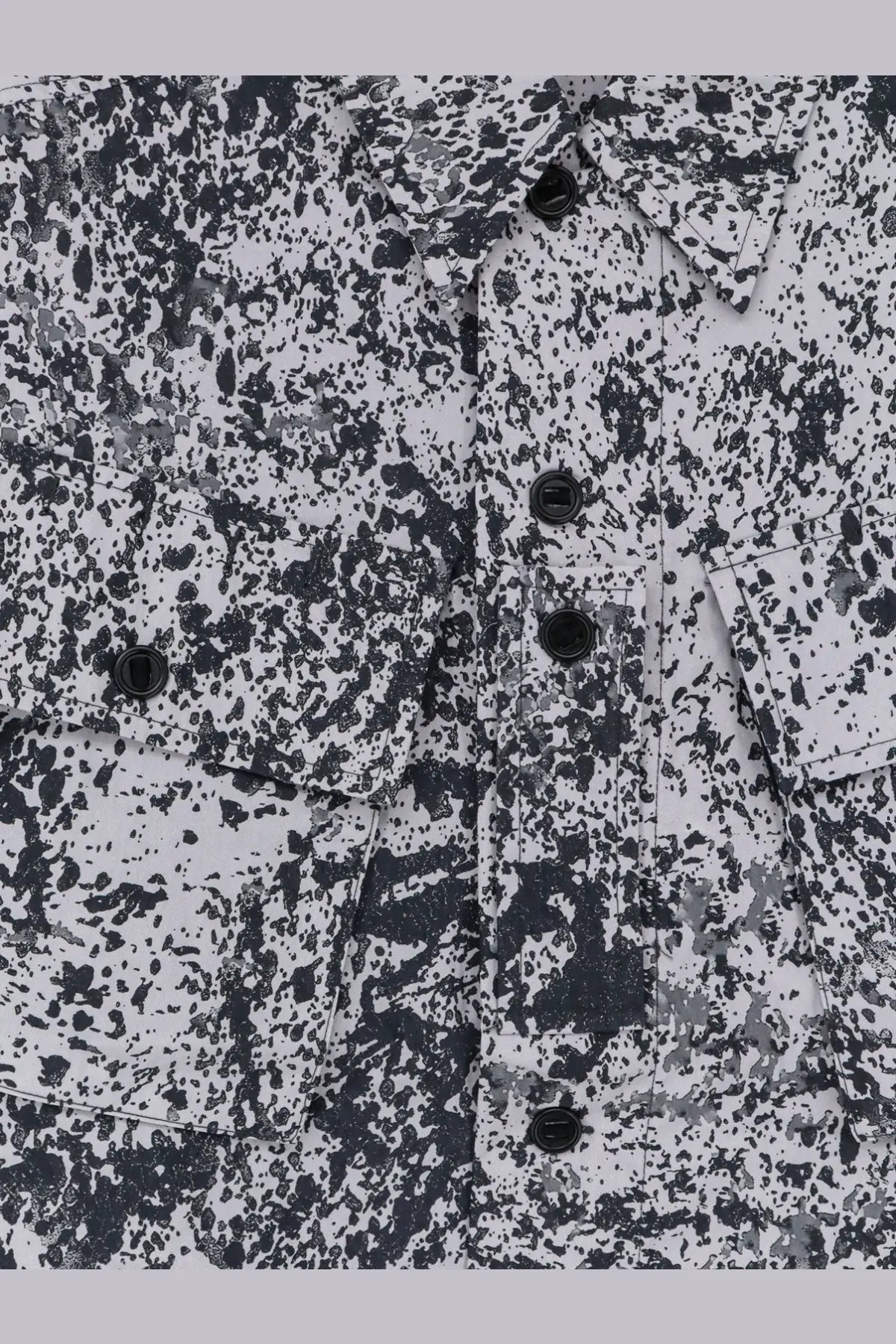Oamc peacemaker men’s military cargo shirt in white with black and gray splatter print and dark buttons