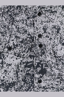 Oamc peacemaker men’s military cargo shirt in white with black and gray splatter print and dark buttons