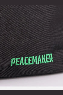 Black denim cap with green embroidered peacemaker text for oamc peacemaker men’s military nylon belt bag black
