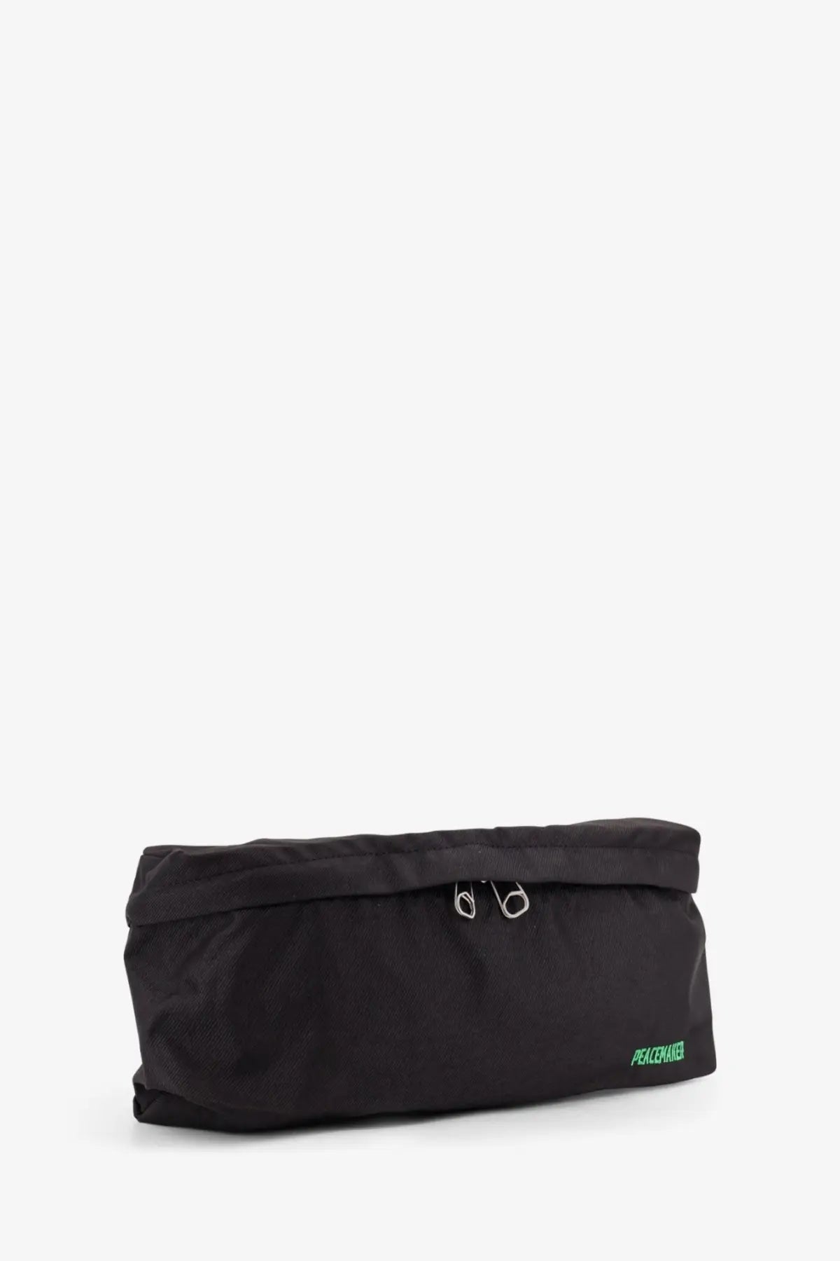 Oamc peacemaker men’s military nylon belt bag in black with silver zippers and green logo on the side