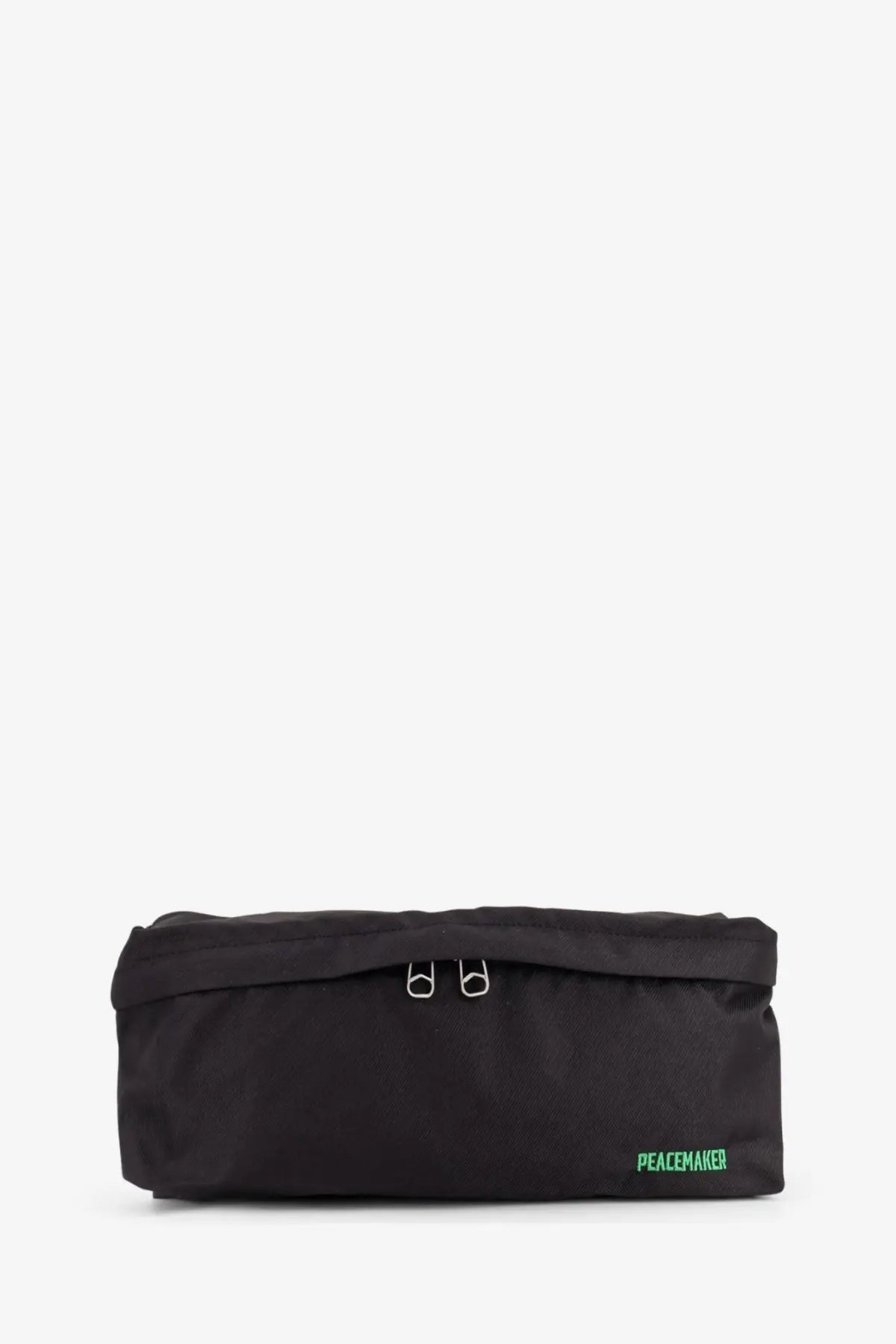Oamc peacemaker men’s military nylon belt bag in black with sleek minimalist design and green branding detail