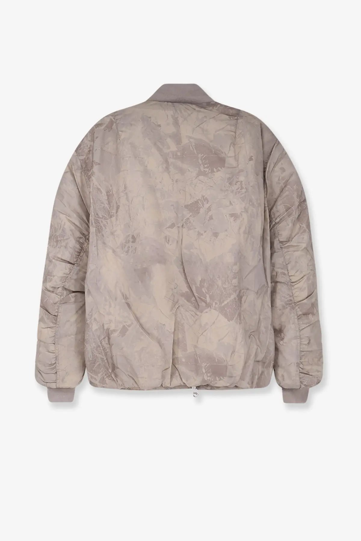 Oamc peacemaker men’s green quilted bomber jacket with subtle metallic leaf pattern and ribbed cuffs