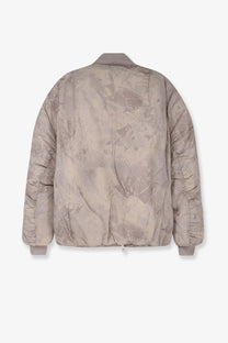 Oamc peacemaker men’s green quilted bomber jacket with subtle metallic leaf pattern and ribbed cuffs