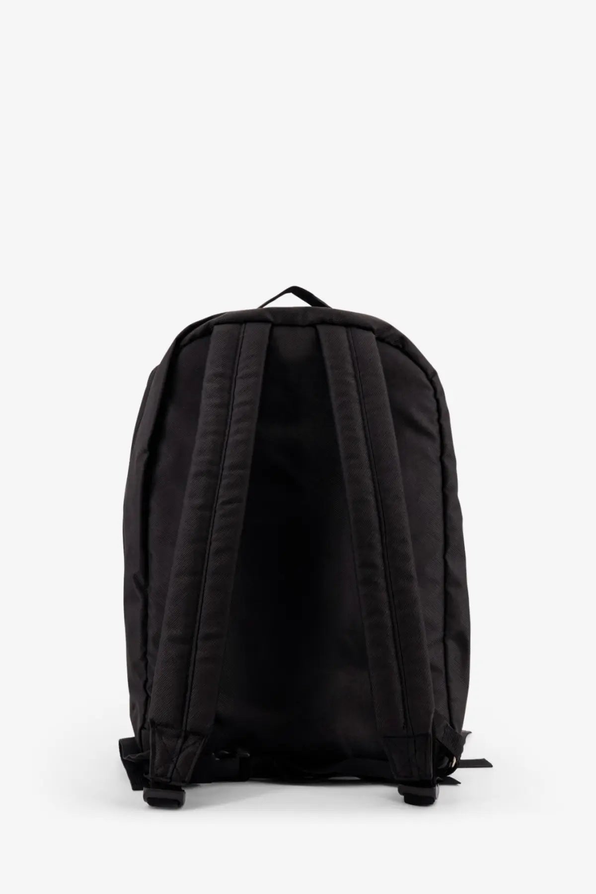 Black nylon oamc peacemaker men’s backpack with padded shoulder straps and top carry handle shown from back side