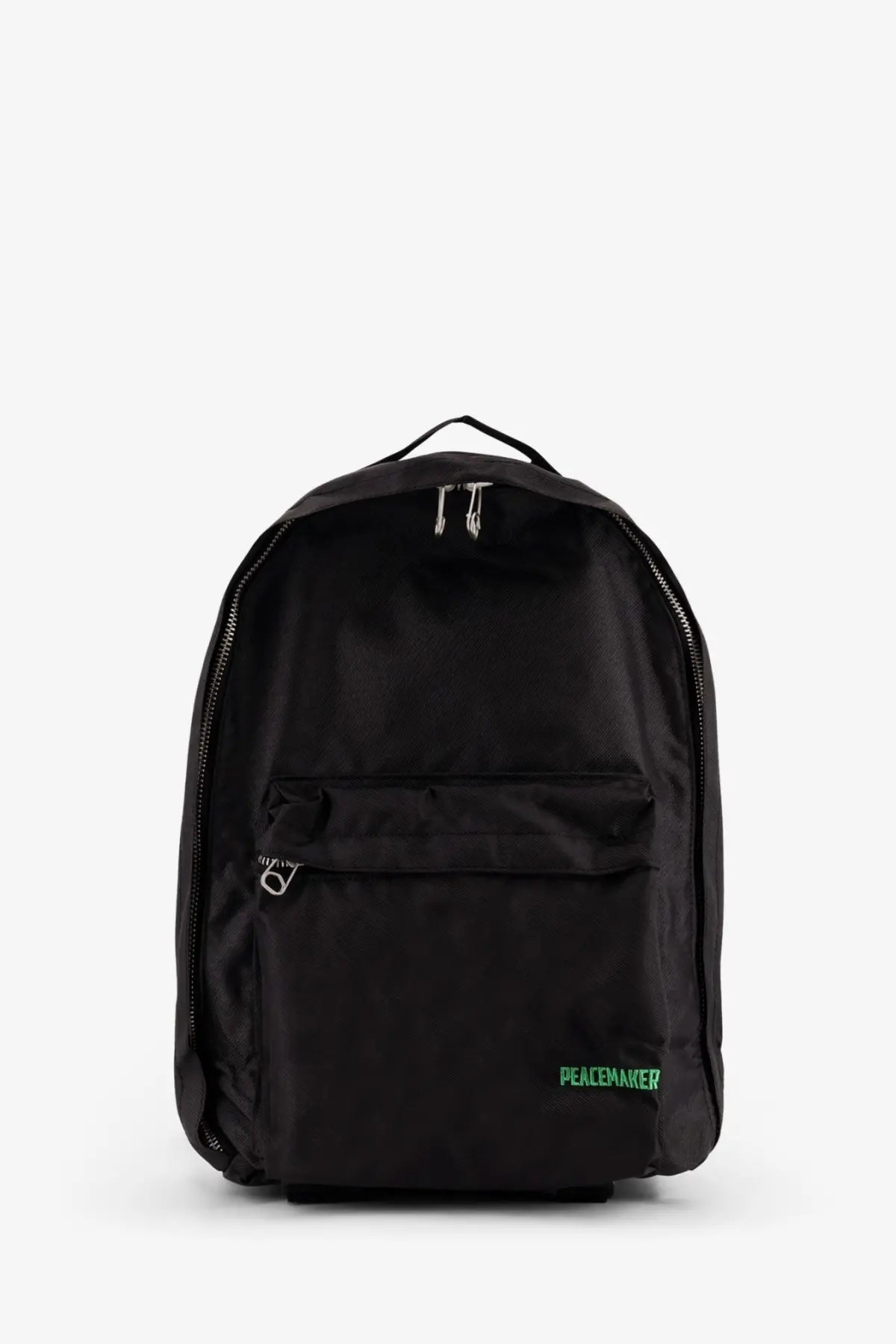 Oamc Peacemaker men’s black nylon backpack with neon green branding and silver zippers front view