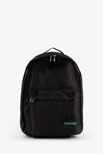 Oamc Peacemaker men’s black nylon backpack with neon green branding and silver zippers front view
