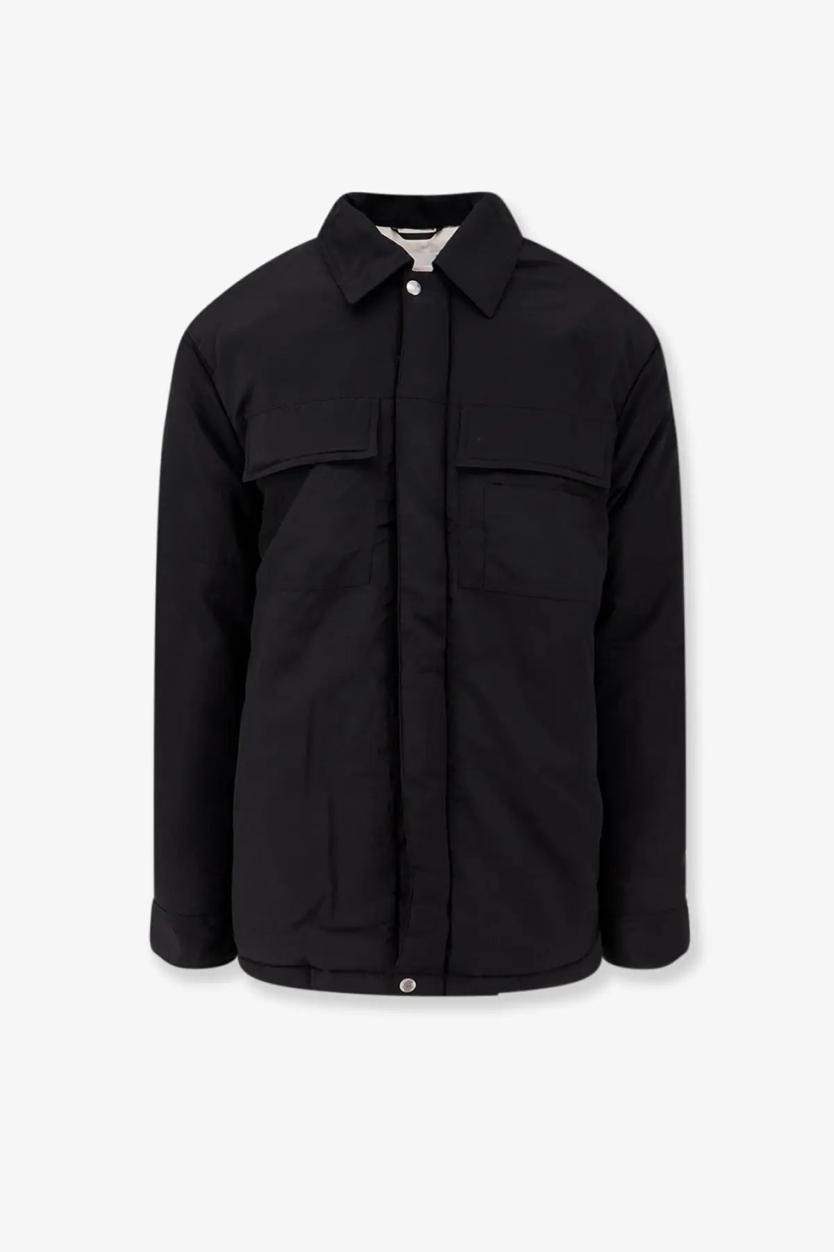 Oamc Peacemaker men’s black nylon quilted jacket with classic collar and two front pockets