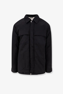 Oamc Peacemaker men’s black nylon quilted jacket with classic collar and two front pockets
