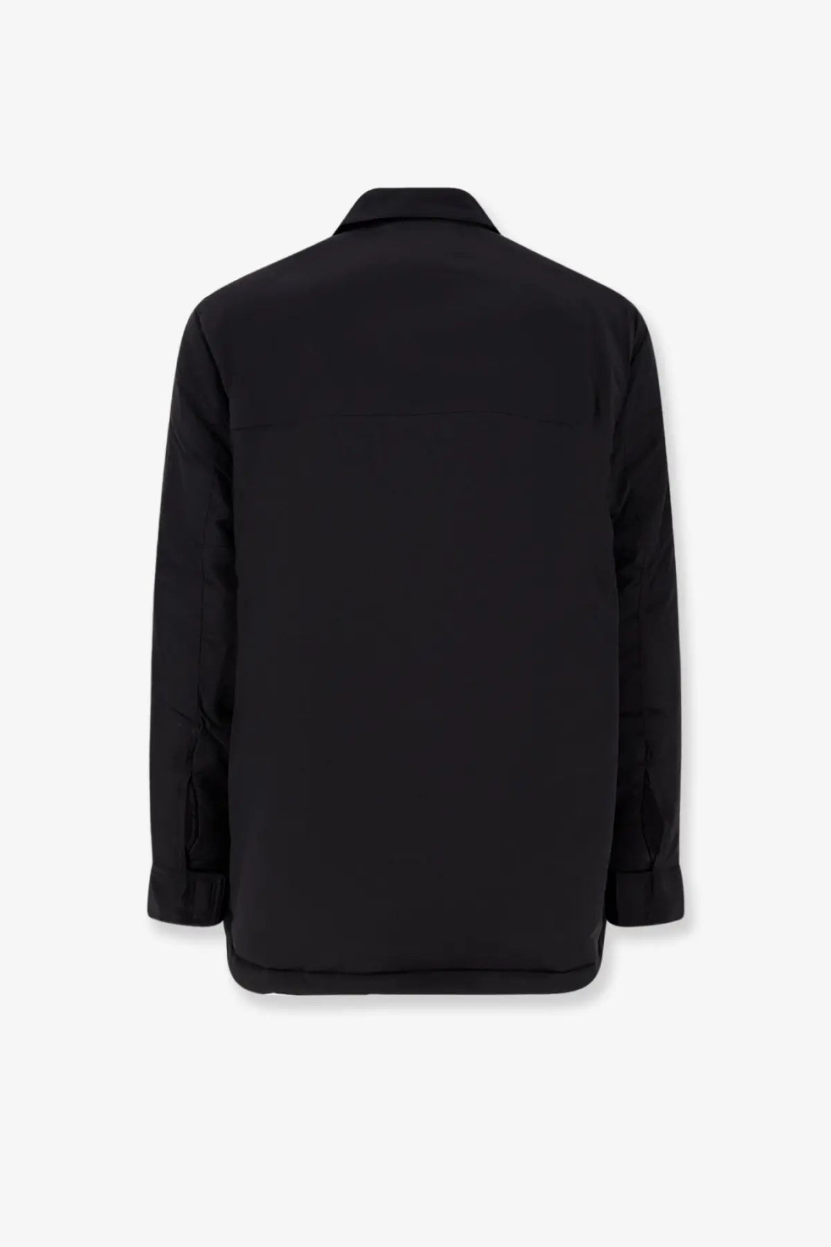 Oamc Peacemaker men’s black nylon quilted jacket with structured collar and long sleeves