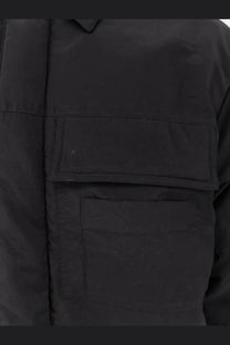 Oamc Peacemaker men’s black nylon jacket with two front flap pockets and structured minimalist utility design