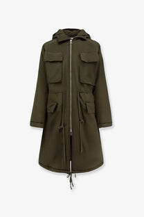 Olive green oamc peacemaker men’s padded nylon long jacket with hood chest pockets and drawstring waist