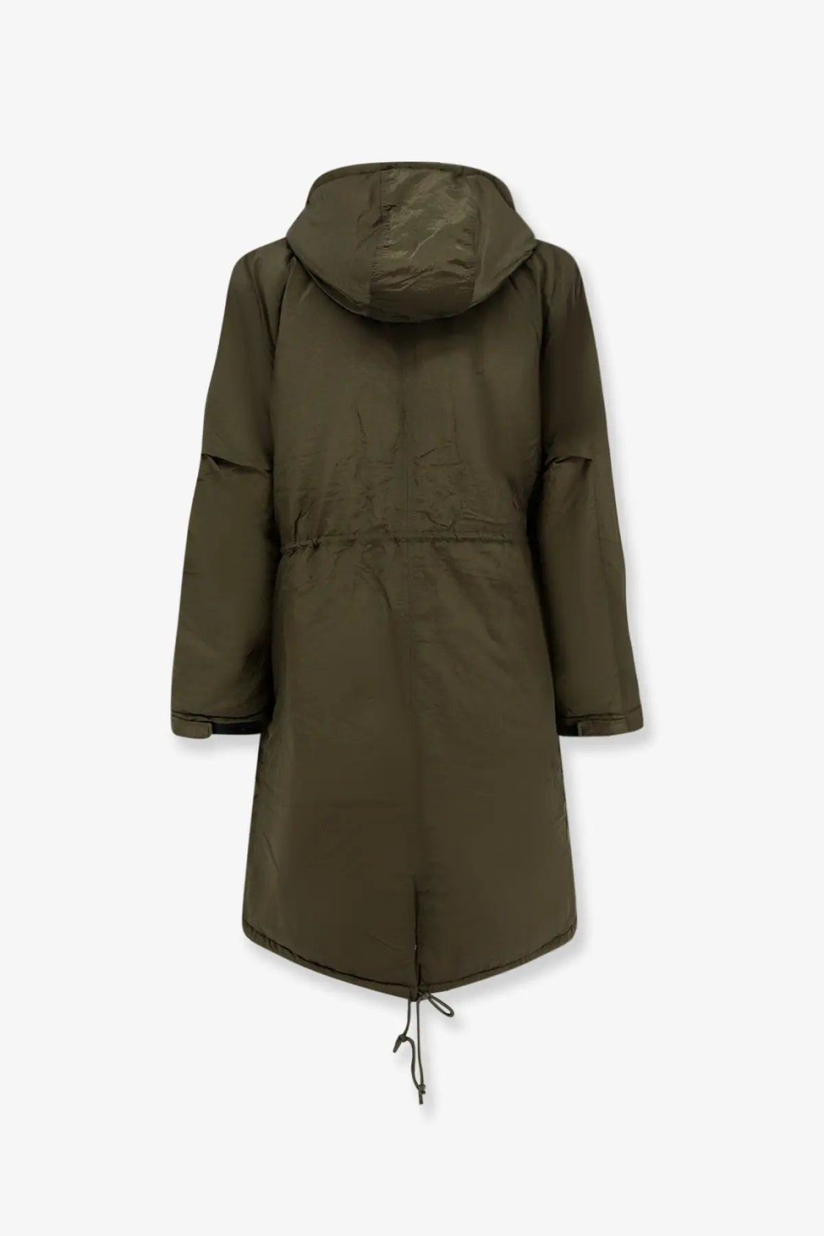 Olive green oamc peacemaker men’s padded nylon long jacket with hood drawstring waist and water-resistant fabric