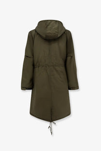 Olive green oamc peacemaker men’s padded nylon long jacket with hood drawstring waist and water-resistant fabric