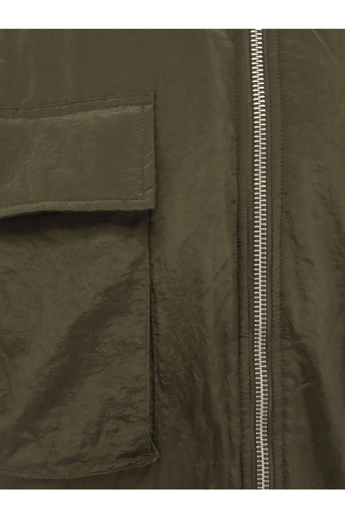 Oamc Peacemaker men’s padded olive green nylon long jacket with silver zipper and flap pocket