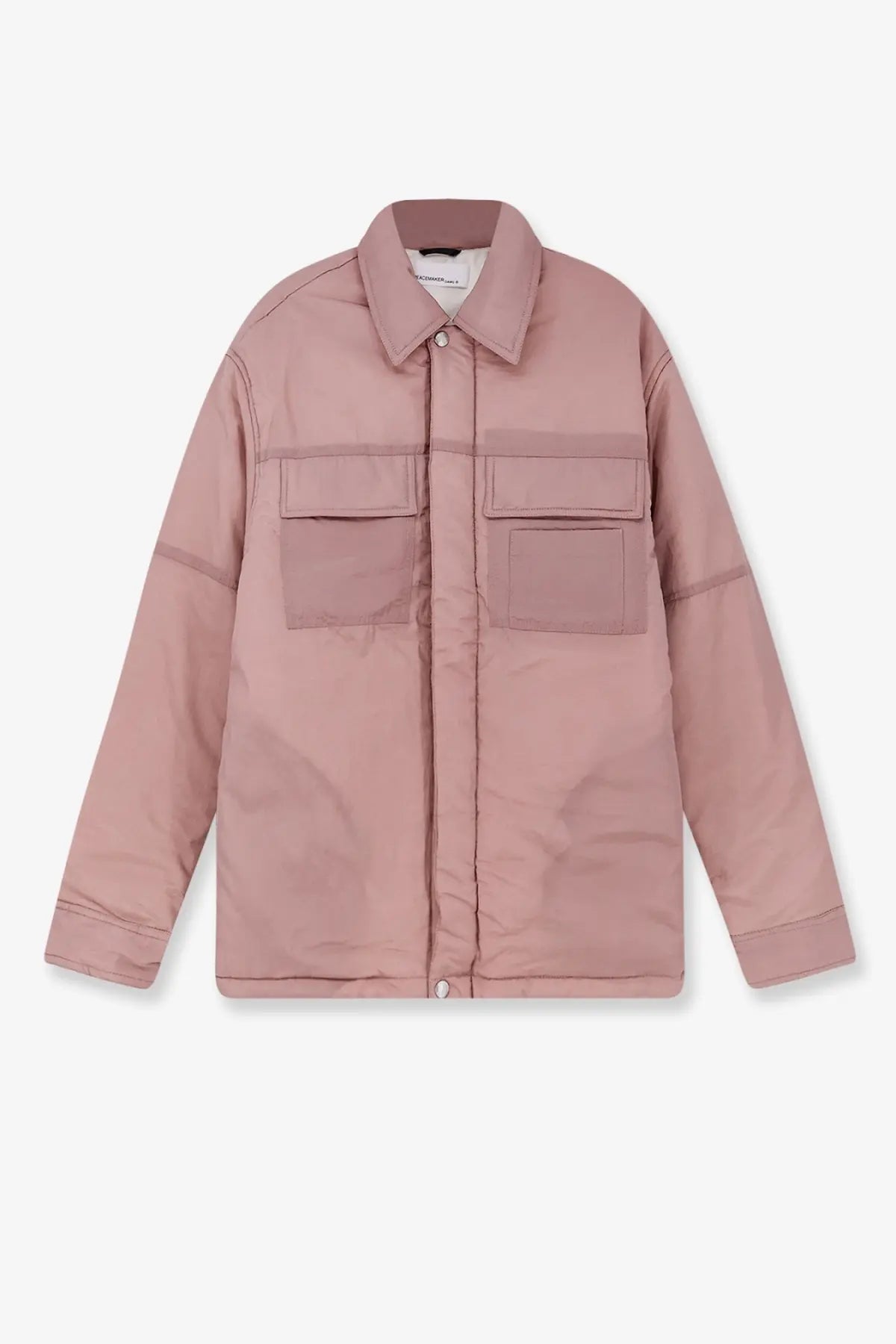 Oamc Peacemaker men’s purple padded overshirt jacket with soft rose-pink quilted fabric classic collar and button closures