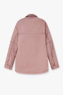 Oamc peacemaker men’s purple padded overshirt jacket with a soft rose-pink quilted design and structured collar