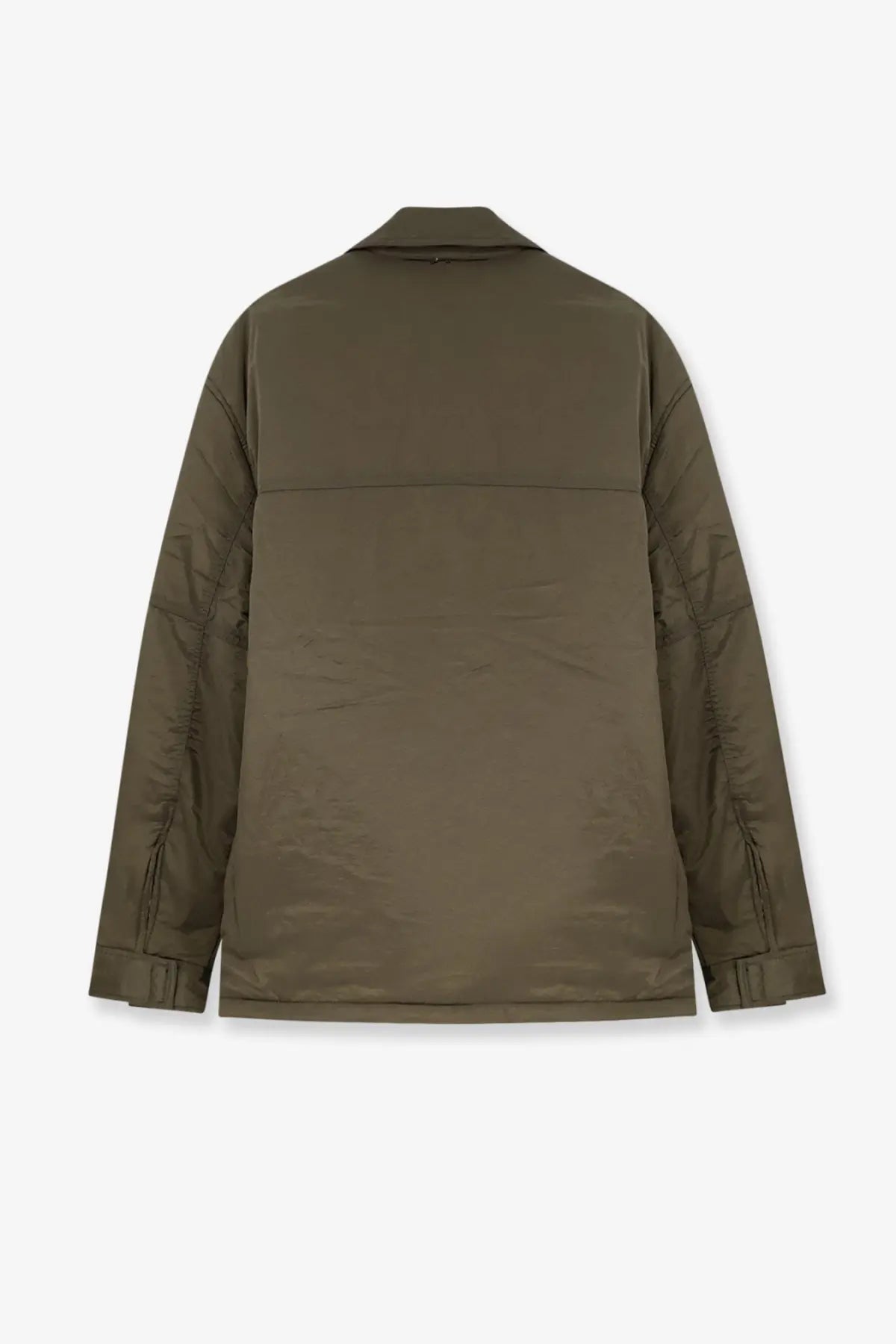 Olive green oamc peacemaker men’s padded overshirt nylon jacket with quilted design and structured collar