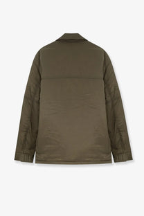 Olive green oamc peacemaker men’s padded overshirt nylon jacket with quilted design and structured collar