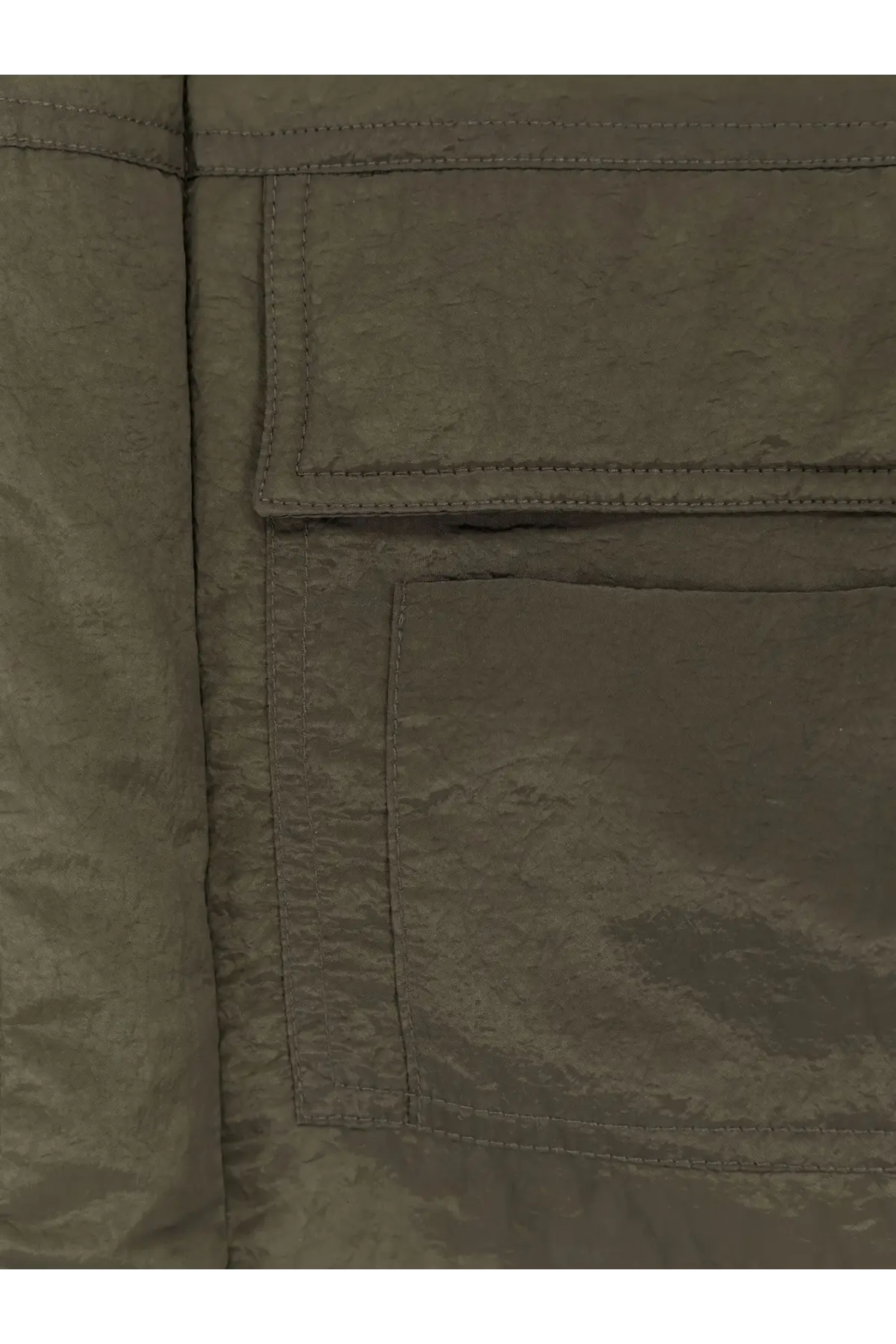Olive green oamc peacemaker men’s padded overshirt nylon jacket with textured fabric and flap pockets