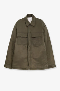 Olive green oamc peacemaker men’s quilted padded nylon overshirt jacket with collar and two front pockets