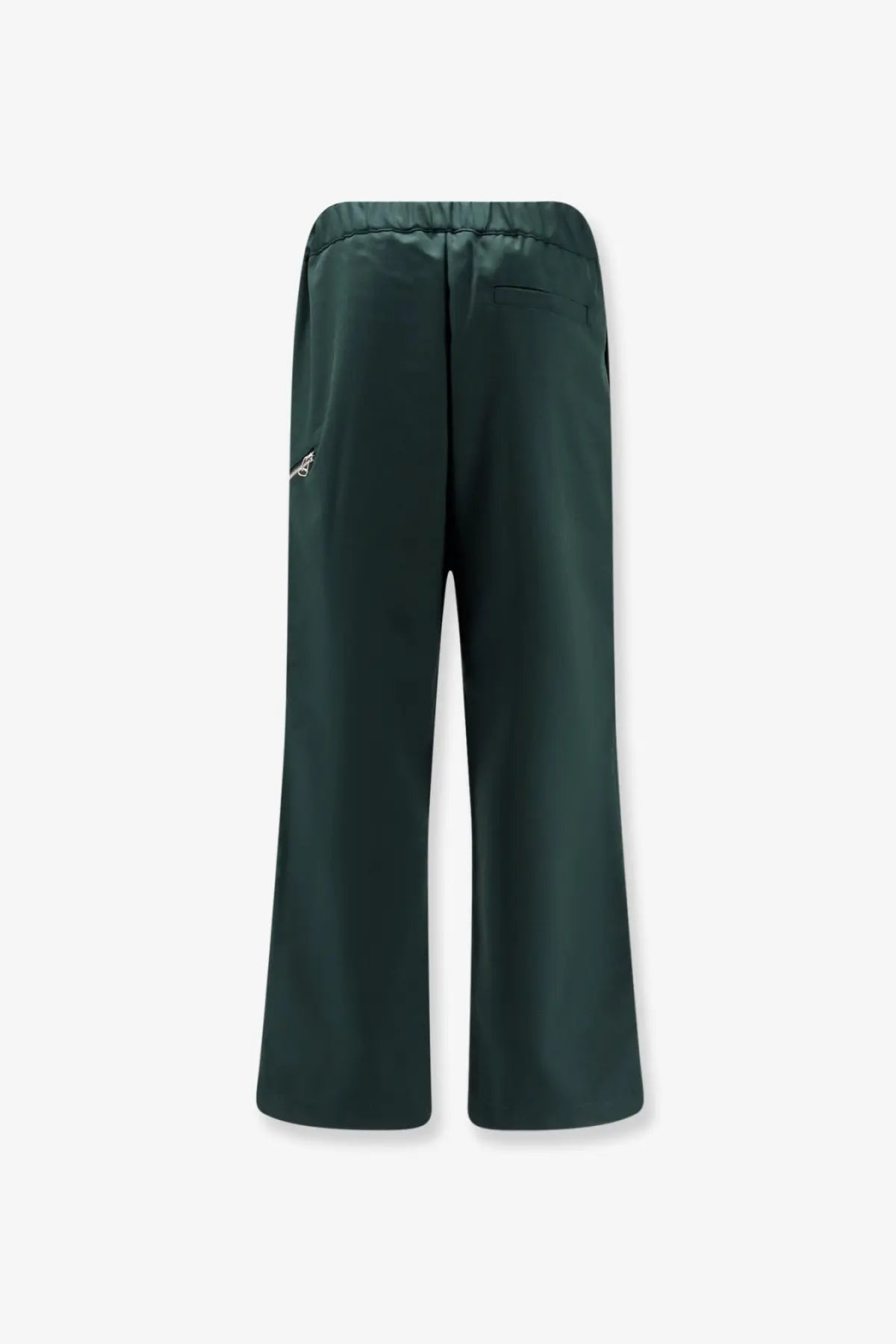 Dark green satin-like wide-leg pants with subtle logo on left thigh from oamc peacemaker virgin wool trousers