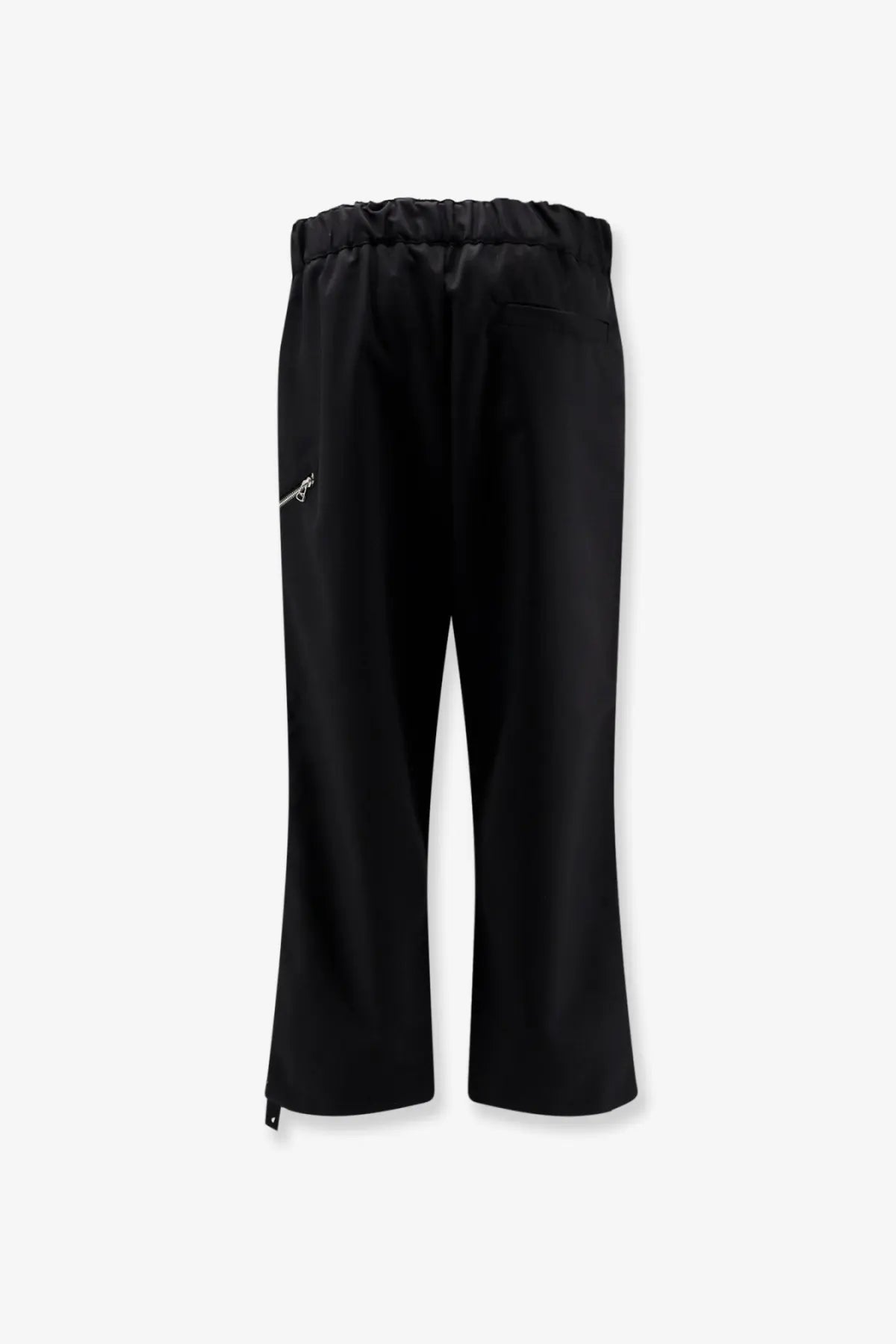Oamc Peacemaker men’s regs black wool blend trousers with elastic waistband and white logo on left thigh