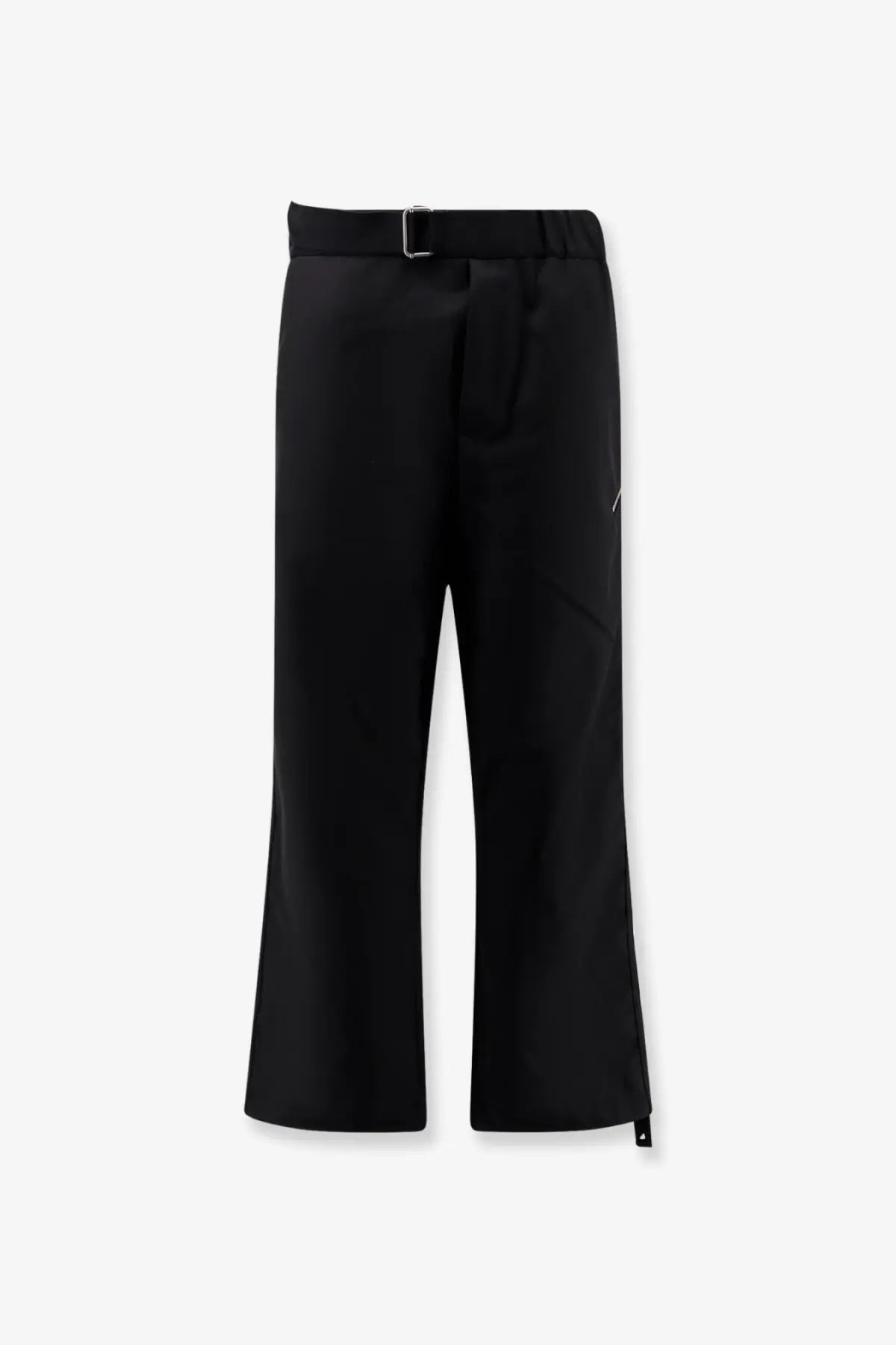 Black oamc peacemaker men’s regs wool blend trousers with wide-leg fit and subtle white stitching details