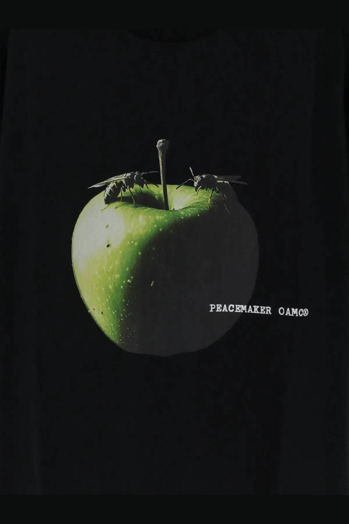 A glossy green apple with two wasps perched on it displayed alongside the oamc peacemaker men’s black shirt