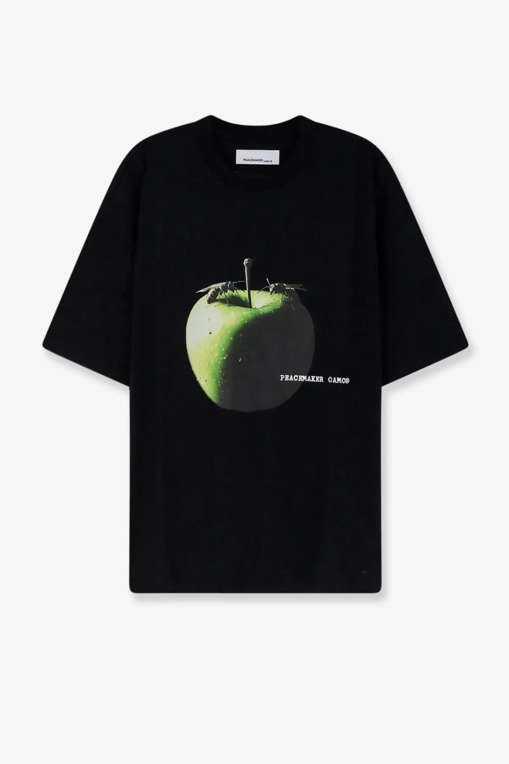 Oamc peacemaker men’s black short-sleeved t-shirt with green apple and ants graphic and peacemaker 01/23 text