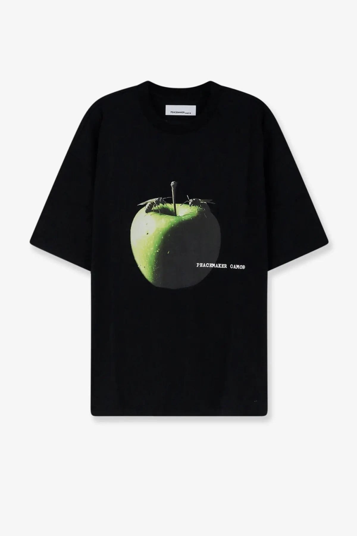 Oamc peacemaker men’s black short-sleeved t-shirt with green apple and ants graphic and peacemaker 01/23 text