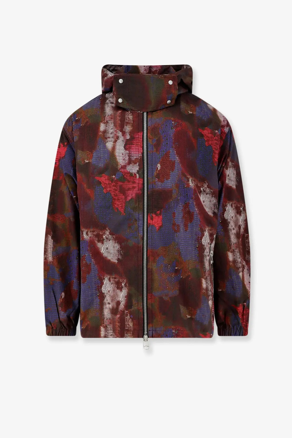 Oamc Peacemaker men’s technical cotton puffer jacket with bold multicolor abstract camouflage pattern and high collar