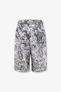 Oamc peacemaker men’s vapor bermuda shorts in black and white abstract splatter pattern with lightweight fabric