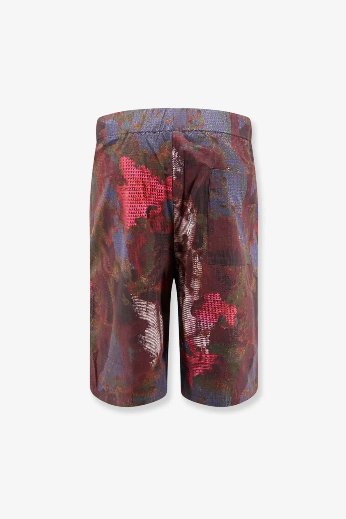 Oamc Peacemaker men’s vapor cotton bermuda shorts with bold abstract red purple and brown pattern and textured finish