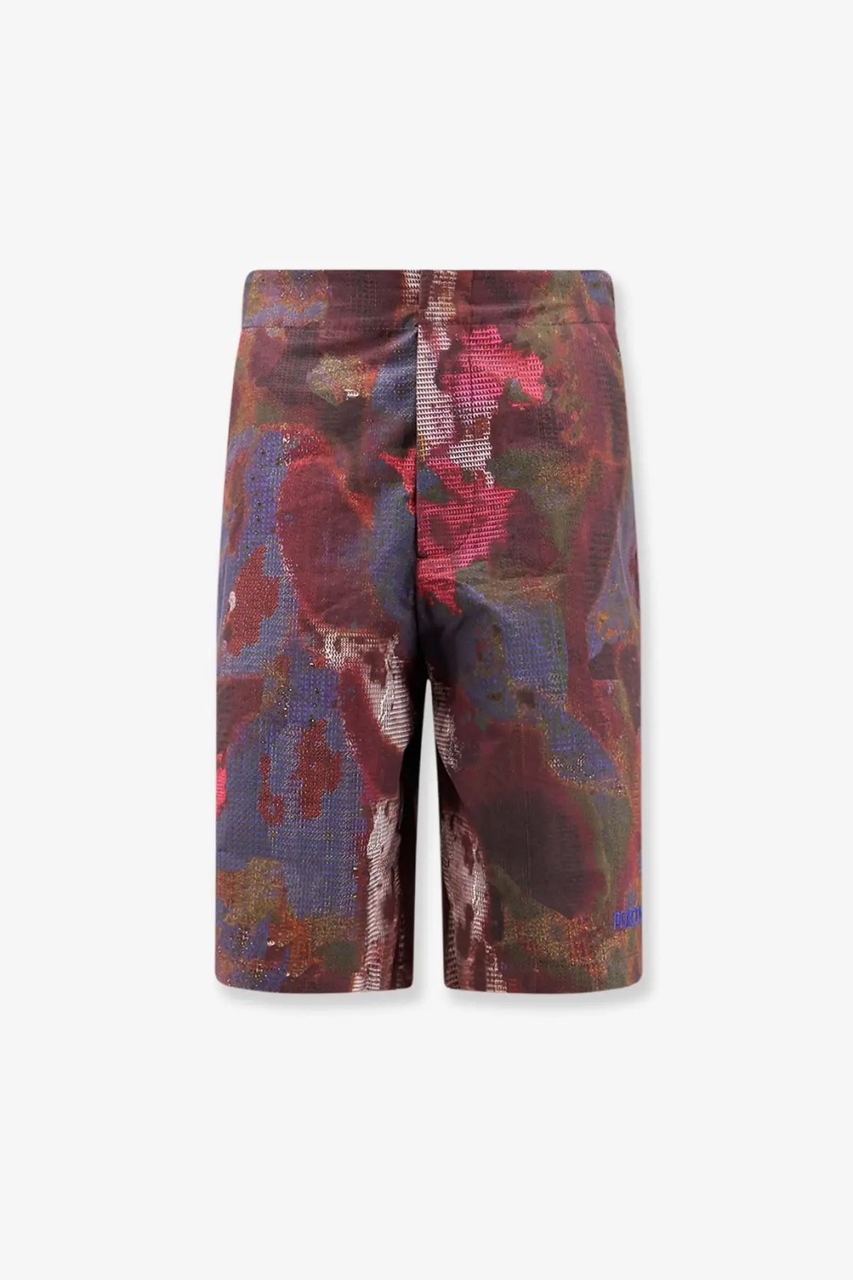 Oamc Peacemaker men’s vapor cotton bermuda shorts with high waist and burgundy blue pink floral metallic pattern