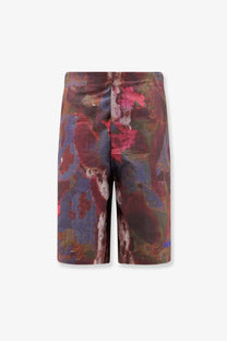 Oamc Peacemaker men’s vapor cotton bermuda shorts with high waist and burgundy blue pink floral metallic pattern