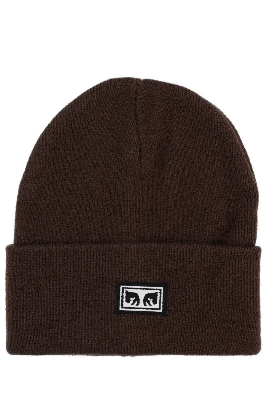 Brown knit beanie with black and white rectangular logo patch featuring stylized eyes from obey men’s cap brown collection
