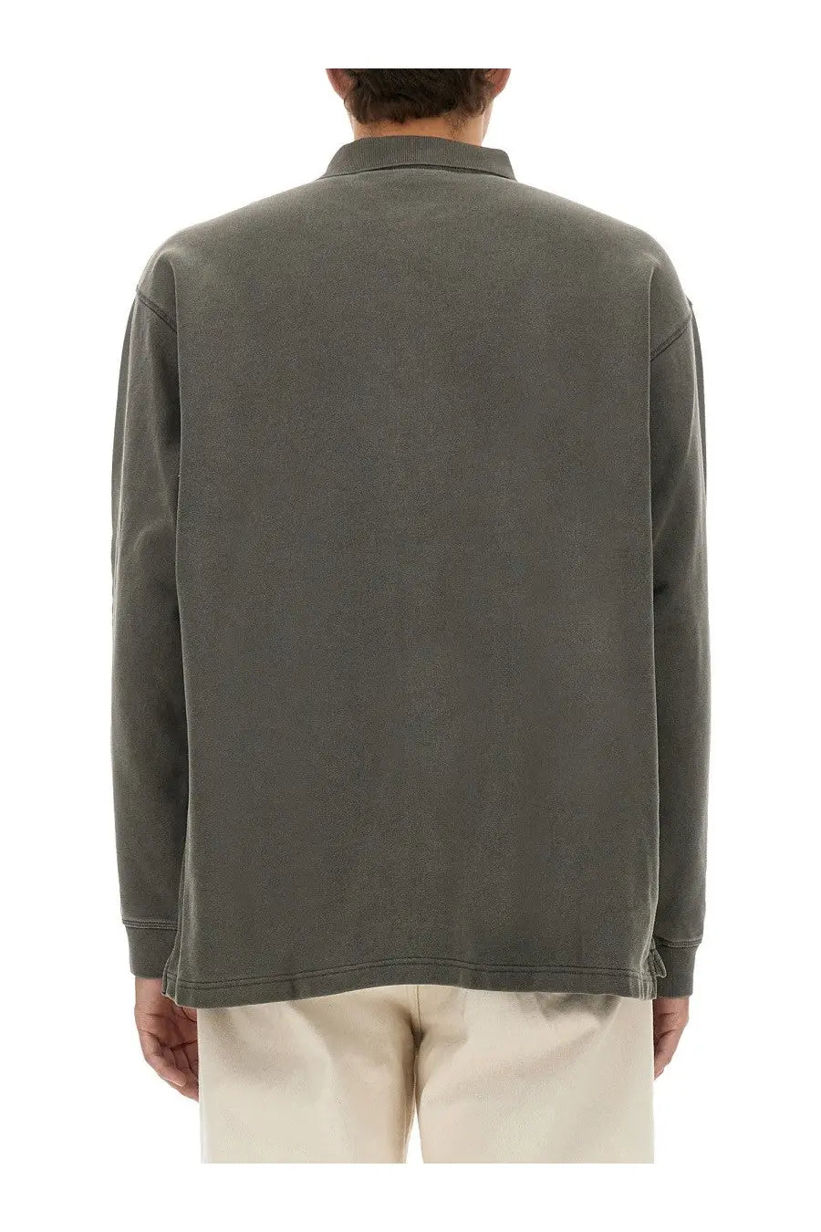 Obey men’s cotton polo black in dark olive green with long sleeves, subtle textured fabric, and ribbed cuffs