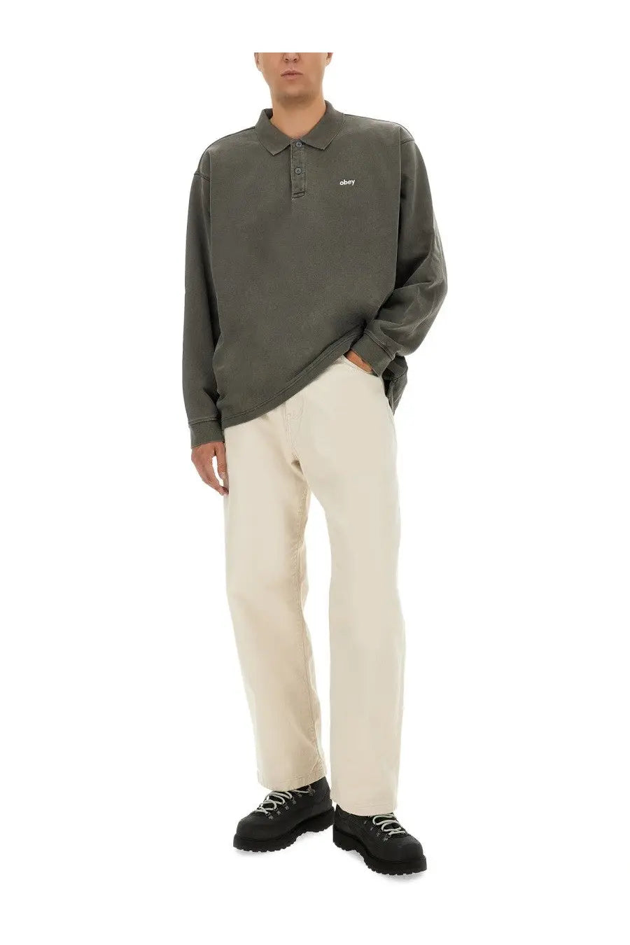 Obey men’s cotton polo black featuring an olive green long-sleeved design with subtle embroidered chest logo