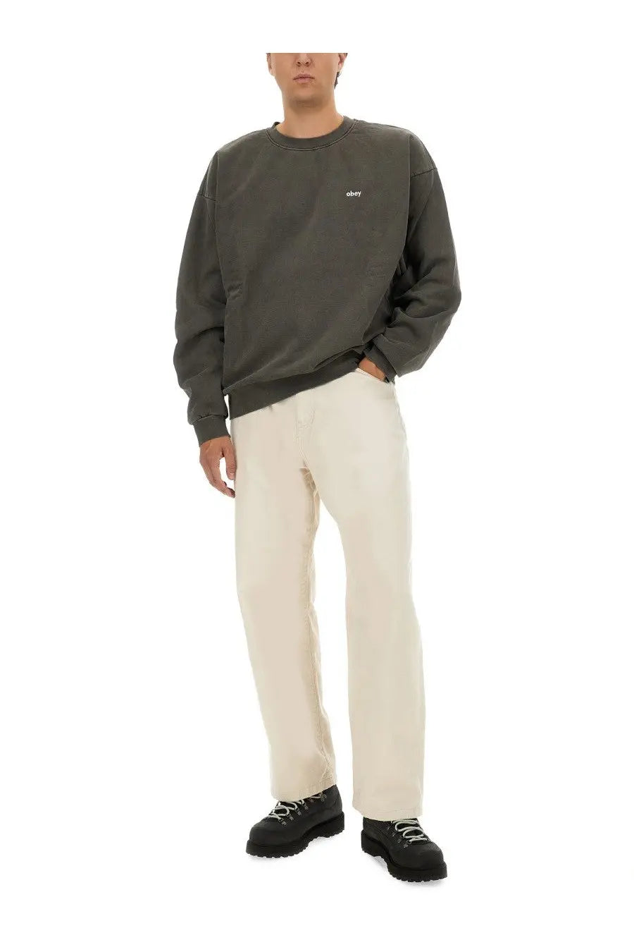 Dark olive green obey men’s cotton sweatshirt with small white logo on chest in black style